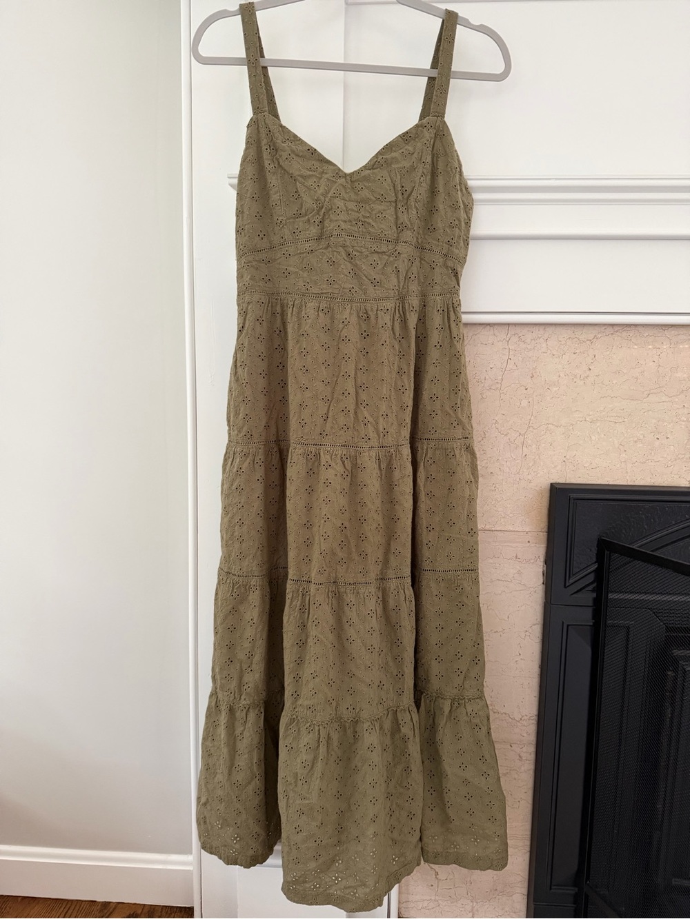 Olive Eyelet Tiered Cotton Cottagecore Boho Flowy Fall Maxi Dress